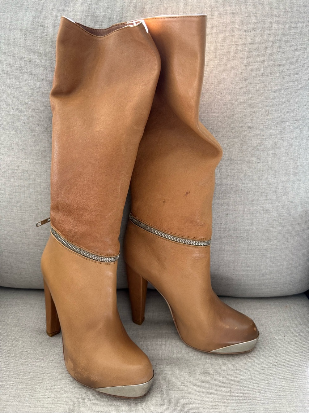 Loeffler Randall Tan/Cognac Leather Knee-High Zip Accent Boots